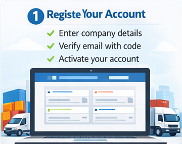 ExusTransin kuljetusyrityksen rekisteröintilomake yritys- ja ALV-tiedoilla sekä sähköpostiaktivoinnilla